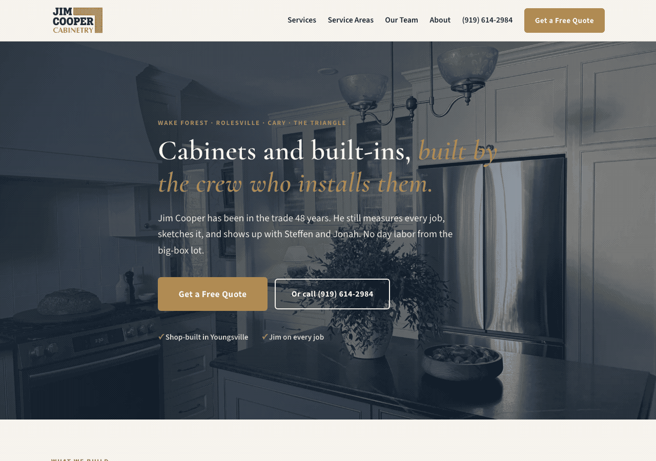 Jim Cooper Cabinetry homepage showing a finished kitchen with custom cabinets and built-ins